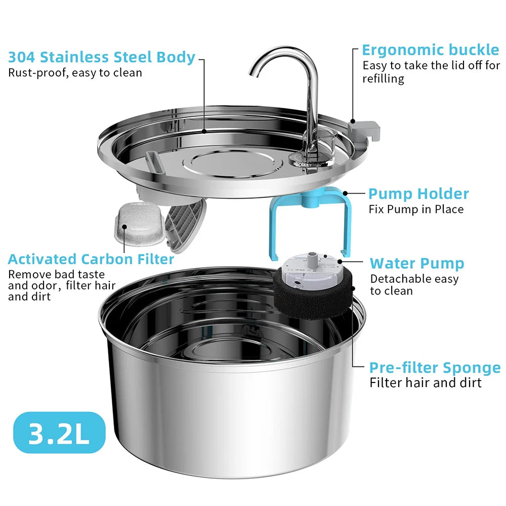 SmartSteel Fountain – Automatyczna Fontanna Wodna USB ze Stali Nierdzewnej dla Kota i Psa (Cicha Praca + Filtr)